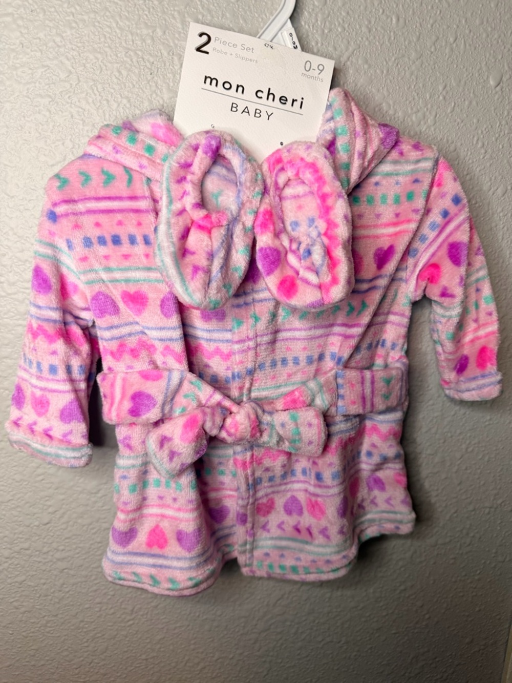 Mon Cheri Baby Pink & Purple Heart Hooded Fleece Robe with Slippers